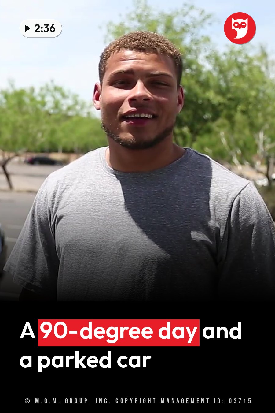 Tyrann Mathieu, in a gray T-shirt, smiles outdoors with trees behind him. A headline runs in white letters across the lower third.