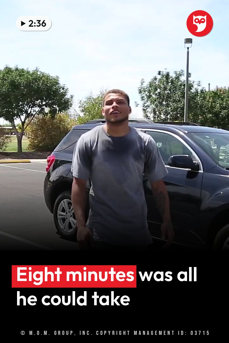 A man stands beside a dark SUV in a parking lot, with trees and a light pole under a bright sky. A headline runs in white letters across the lower third.