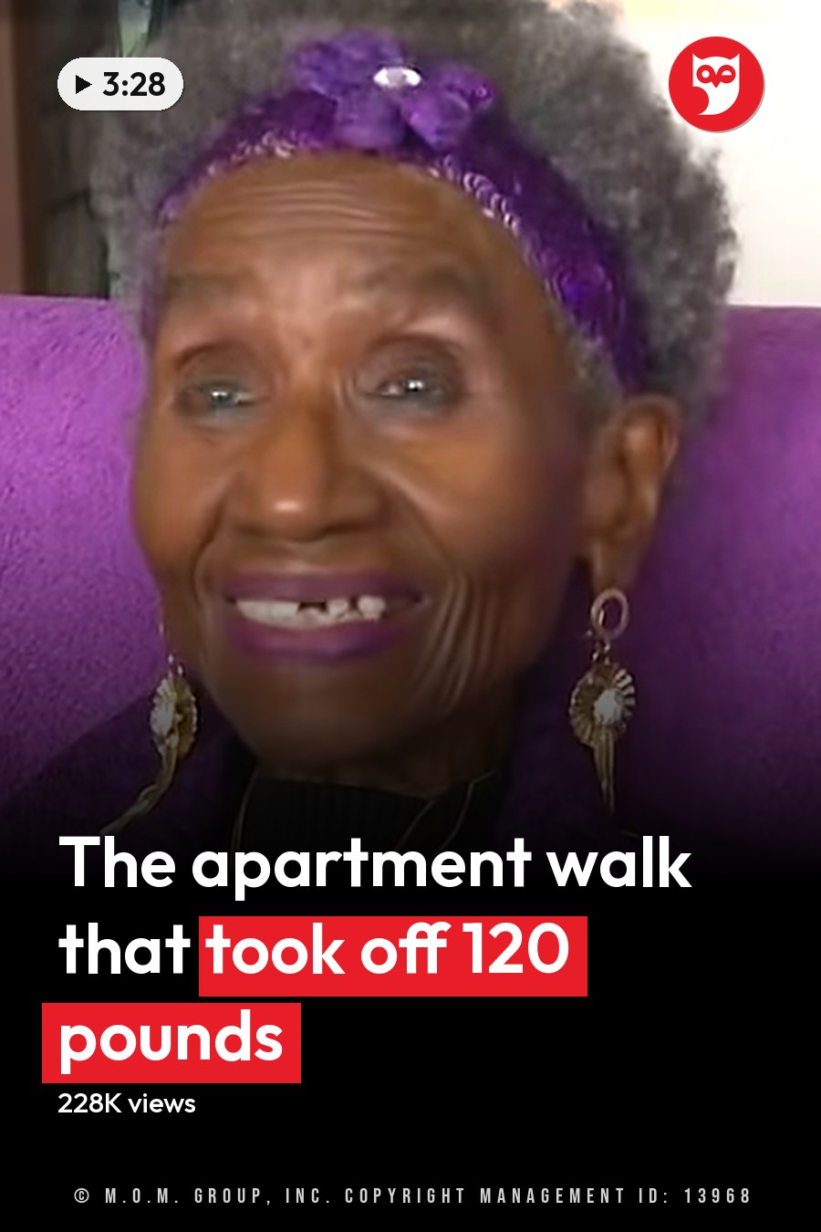 An older adult woman wearing a purple textured sweater and large hoop earrings sits indoors with a purple cushioned chair. The headline runs in white letters across the lower third.