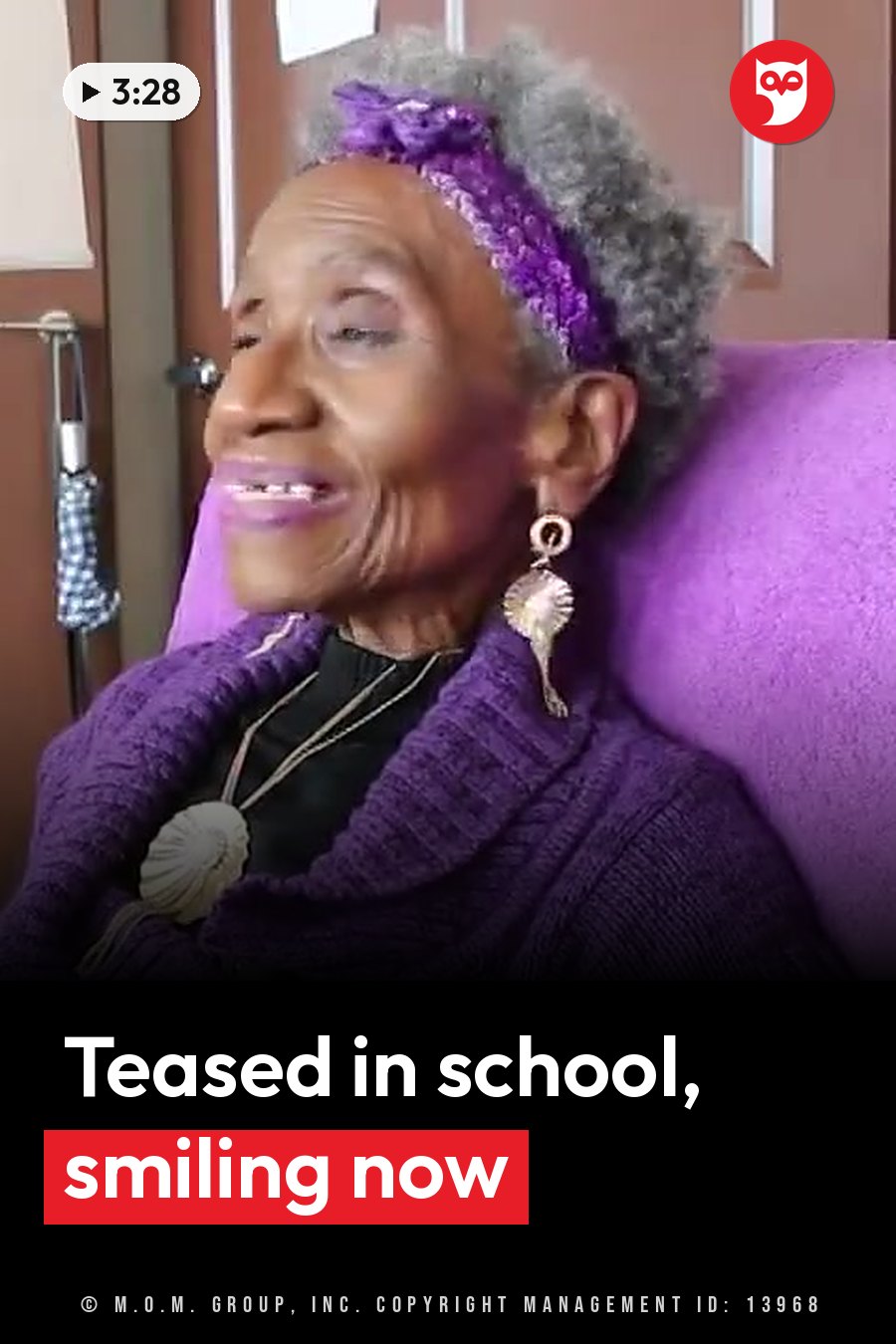 An older woman with gray hair, in purple clothes and large earrings, sits smiling in a purple chair. A headline runs in white letters across the lower third.