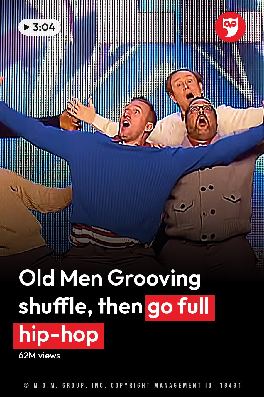 Group performing on stage with a cityscape backdrop at 'Britain's Got Talent' event. The headline runs in white letters across the lower third.