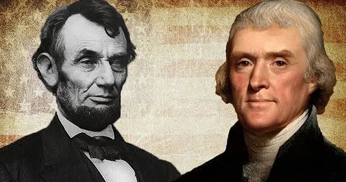 A historical scene with two U.S. presidents, one dressed in a mid-19th-century black suit and bow tie, the other in early 18th-century attire with a white cravat or high-collared shirt, against a textured parchment-like background.