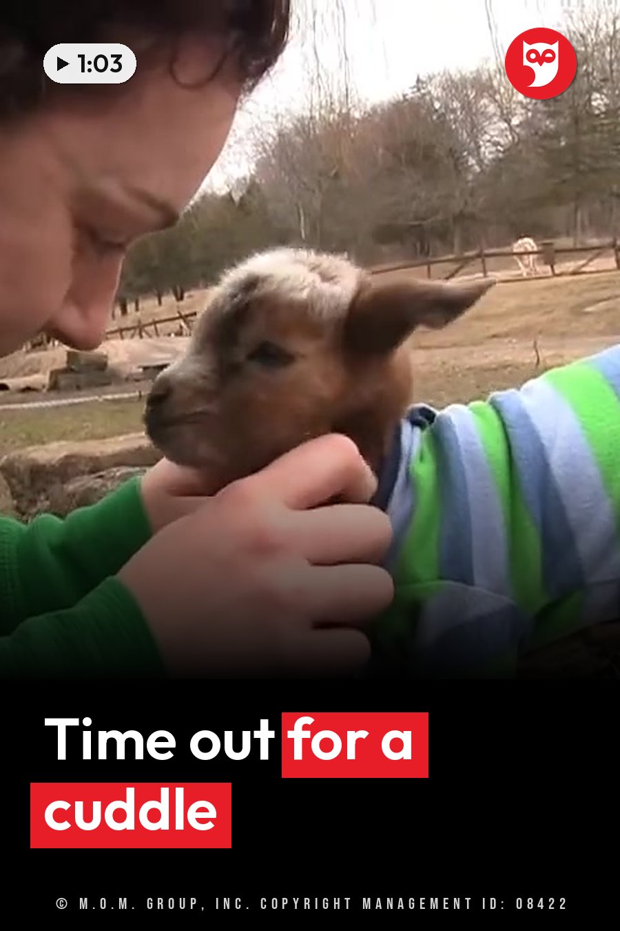 A person outdoors holds a small young animal close to their face, with trees and fencing behind them. A headline runs in white letters across the lower third.