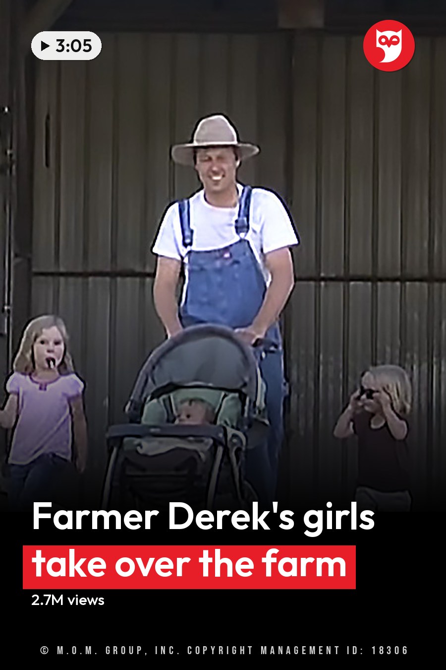 An adult male wearing overalls and a straw hat stands with children in front of a barn setting. The ground is sandy, scattered with small debris, suggesting farm life. The headline runs in white letters across the lower third.