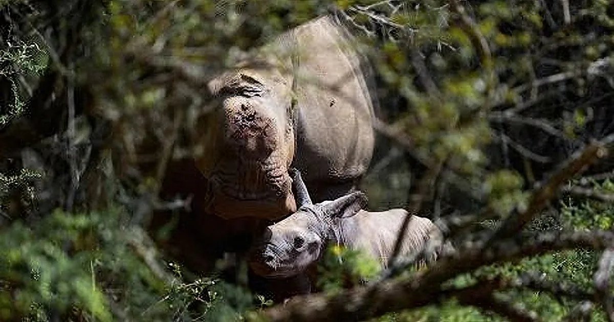 Two rhinoceroses in a forested outdoor setting with soft natural light filtering through trees.