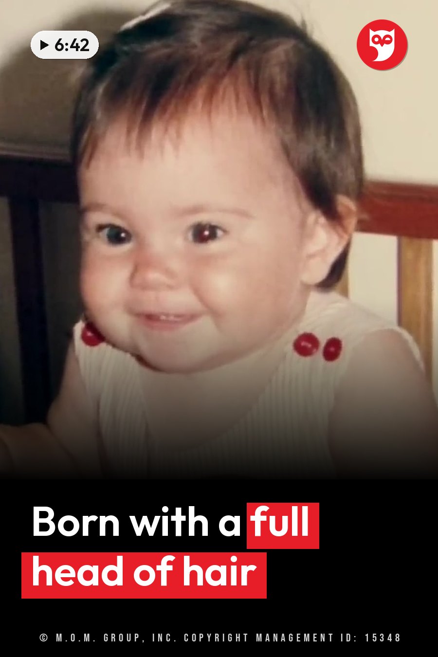 A smiling baby with dark hair wears a white sleeveless top with red buttons on the shoulders. A headline runs in white letters across the lower third.