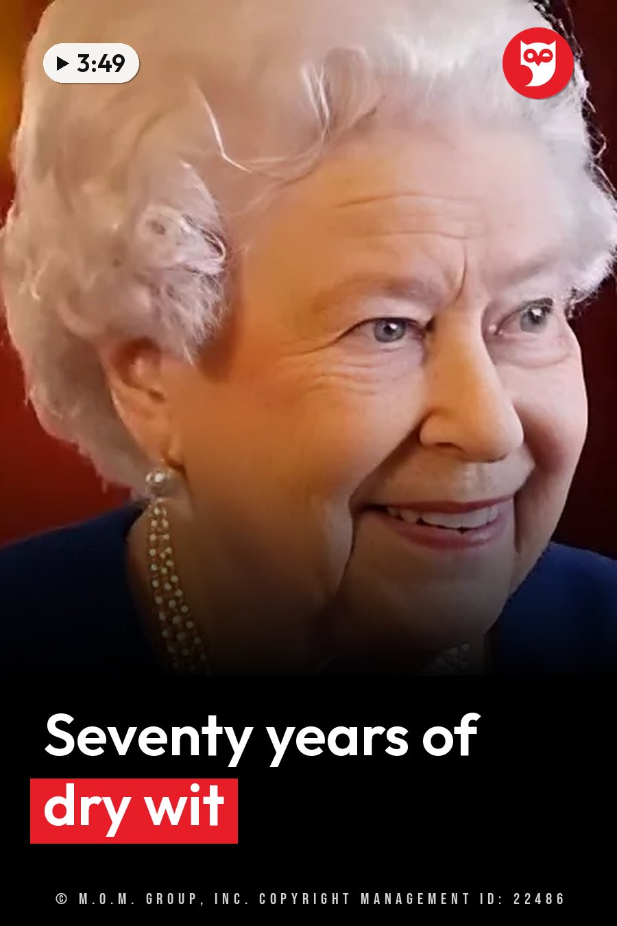 Queen Elizabeth II, with white hair, smiles in pearl earrings and a blue top against a red background. A headline runs in white letters across the lower third.