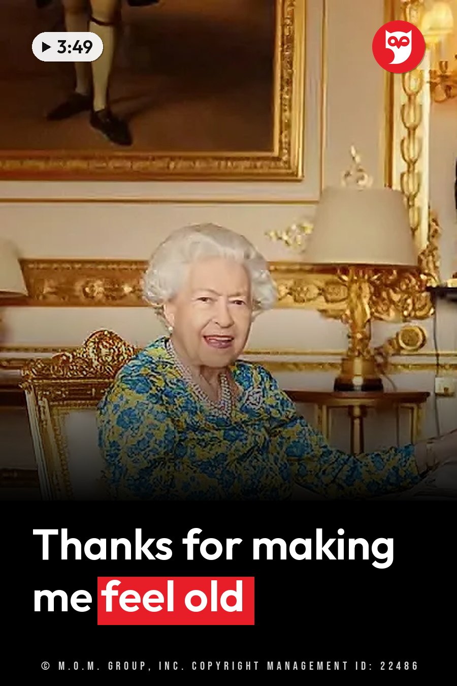 Queen Elizabeth II, with white hair, sits smiling in a gold-framed chair, wearing a colorful floral dress. A headline runs in white letters across the lower third.