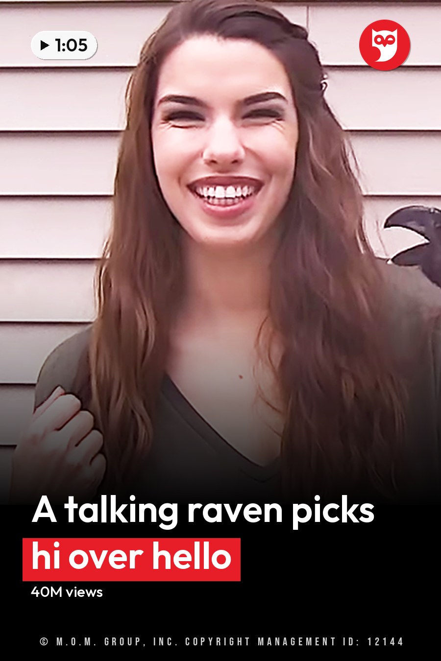 A young adult female wearing a dark green, relaxed-fit v-neck long-sleeved shirt outdoors in front of a house with light beige siding; a black-crow with white chest patch is present. The headline runs in white letters across the lower third.