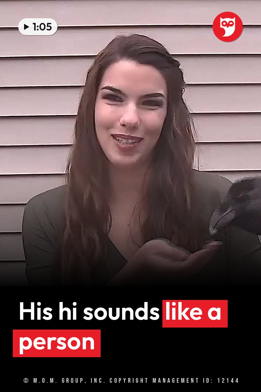 A smiling young woman with long hair holds a black bird on her open palm in front of a house with light siding. A headline runs in white letters across the lower third.