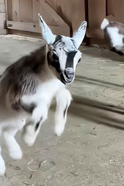 Young brown-and-white goats playing inside a barn with natural light and wooden walls during spring or summer.