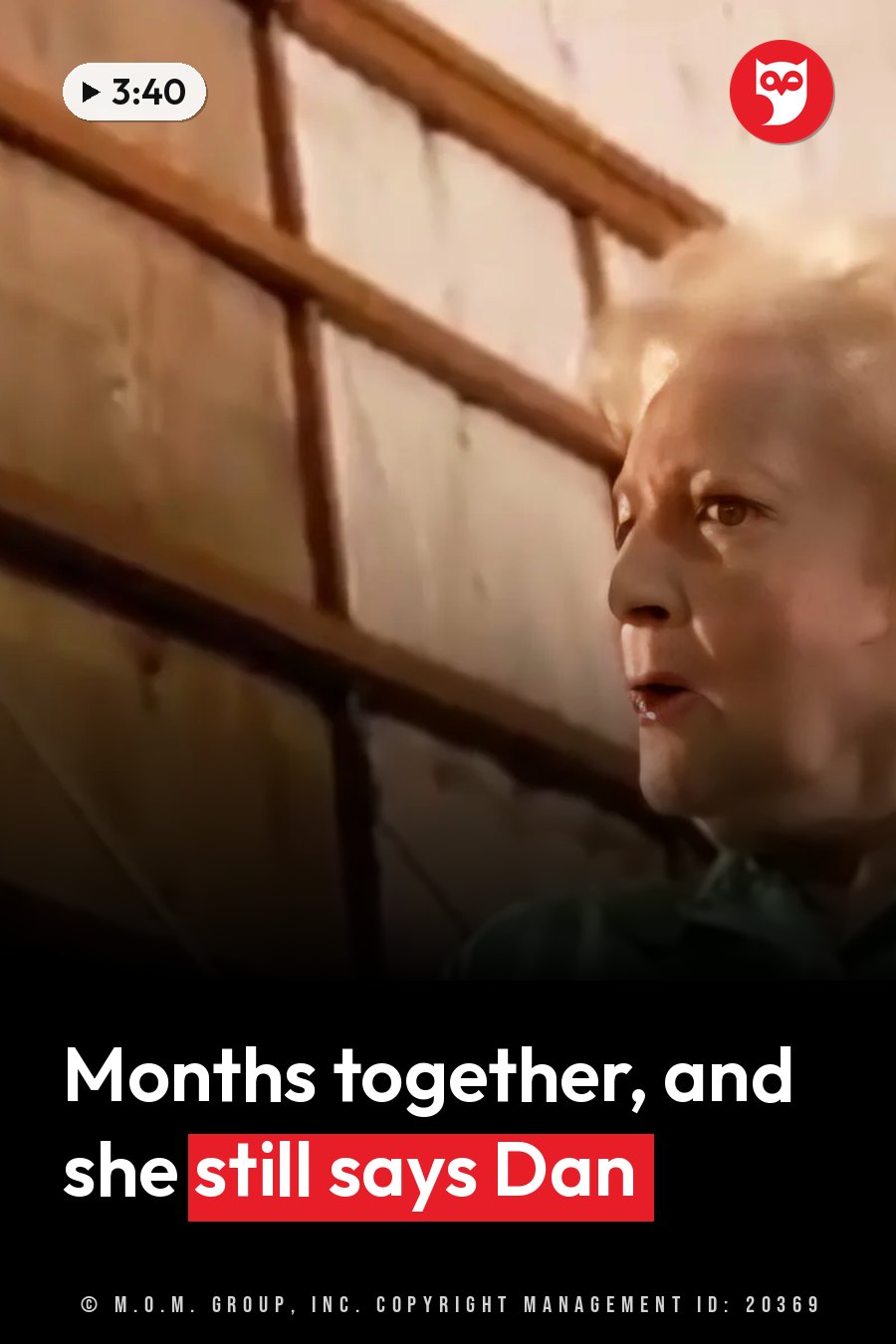Betty White, an older woman with light hair, looks upward beside a wooden window frame. A headline runs in white letters across the lower third.