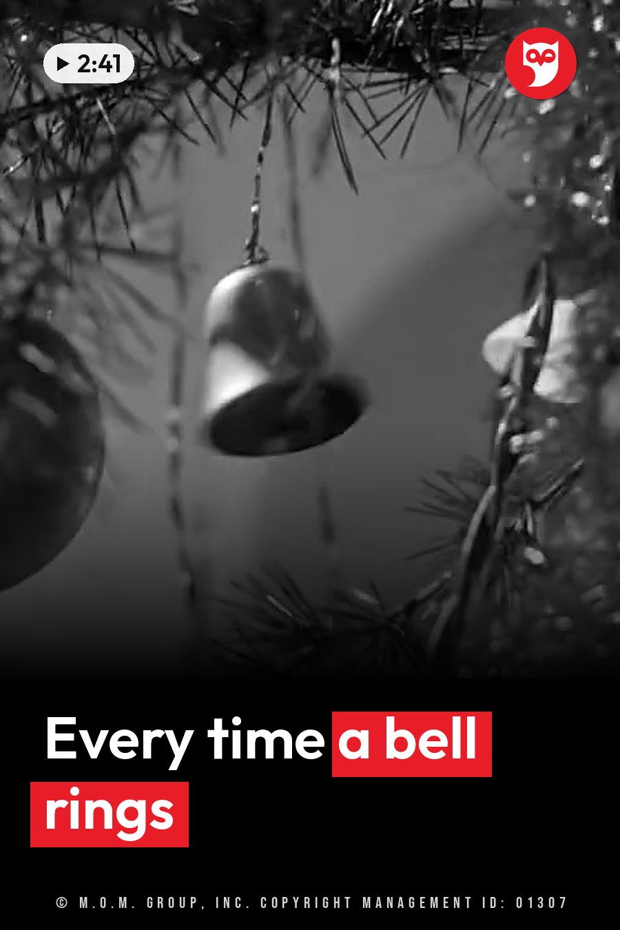A small bell hangs from a pine branch among other ornaments. A headline runs in white letters across the lower third.