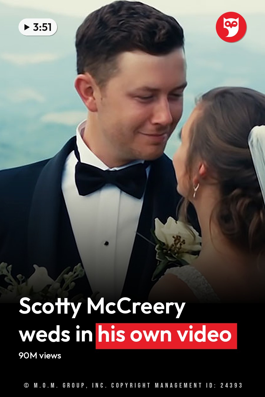 A young adult male singer in a black tuxedo and a young adult female wearing a white wedding dress with a long veil, holding a bouquet of white flowers against an overcast mountainous backdrop. The headline runs in white letters across the lower third.