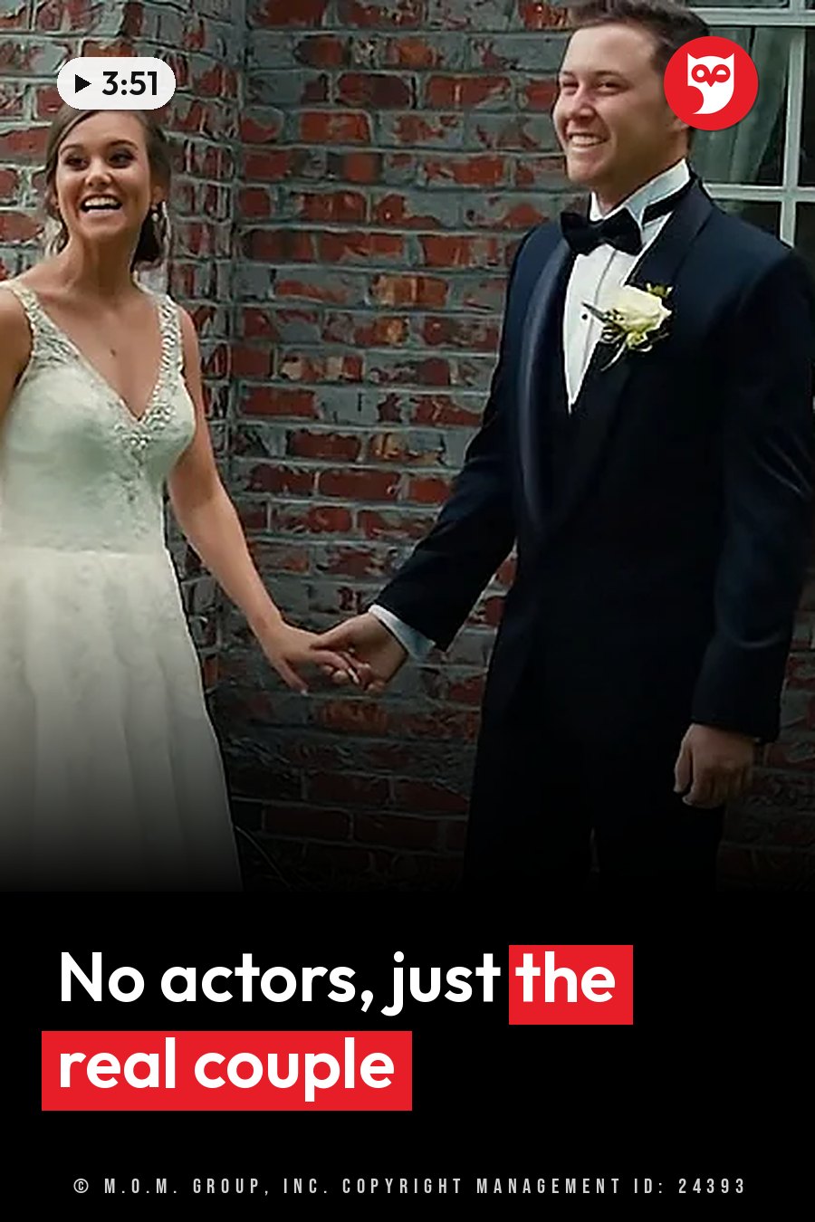 Scotty McCreery and Gabi Dugal, in wedding clothes, hold hands and smile in front of a brick wall. A headline runs in white letters across the lower third.