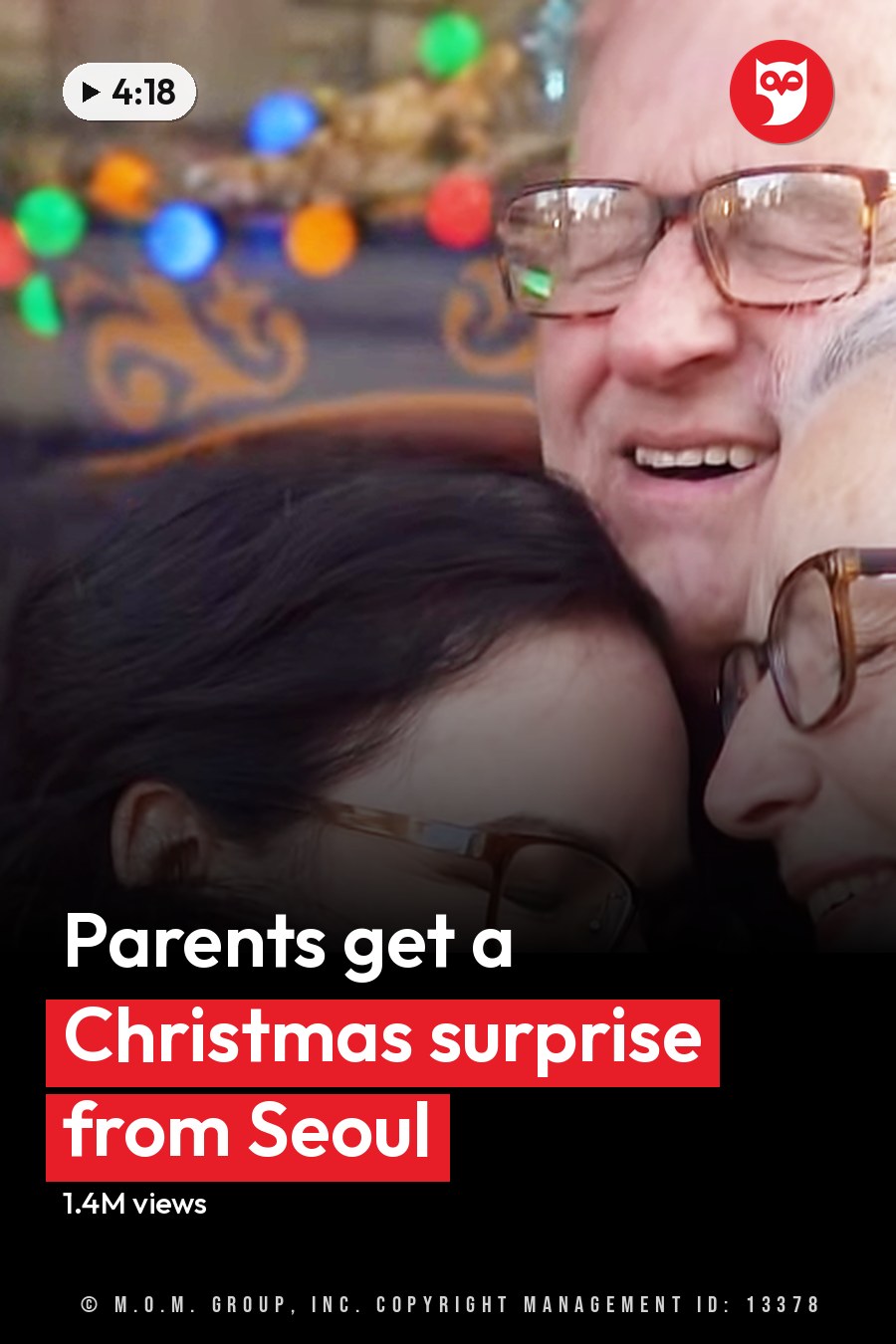 A family reunion with festive decorations indoors, with an older adult male and two older females smiling amidst holiday lights and a carousel-like structure. The headline runs in white letters across the lower third.
