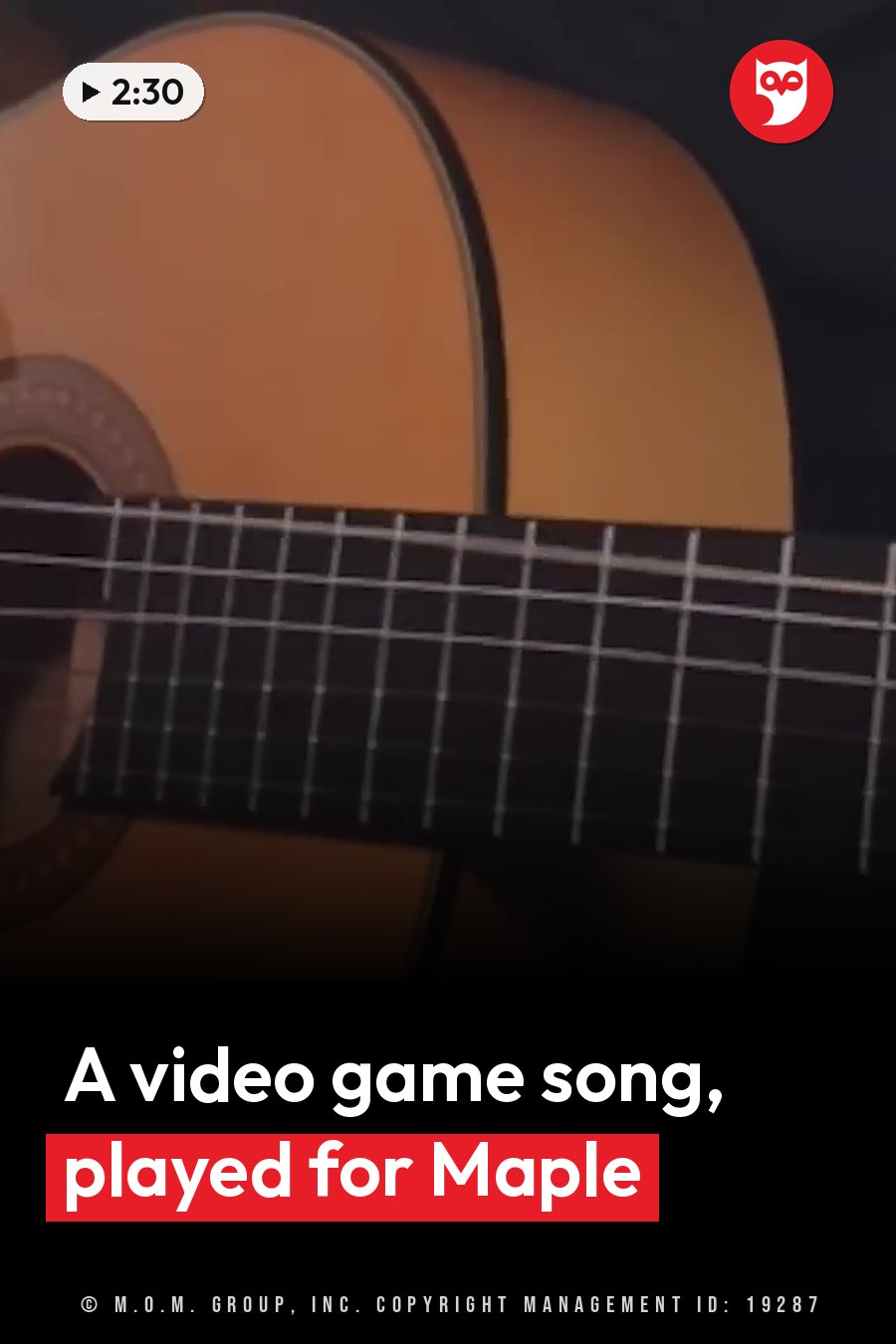 A classical guitar with a wooden body, black fretboard and white strings against a dark background. A headline runs in white letters across the lower third.