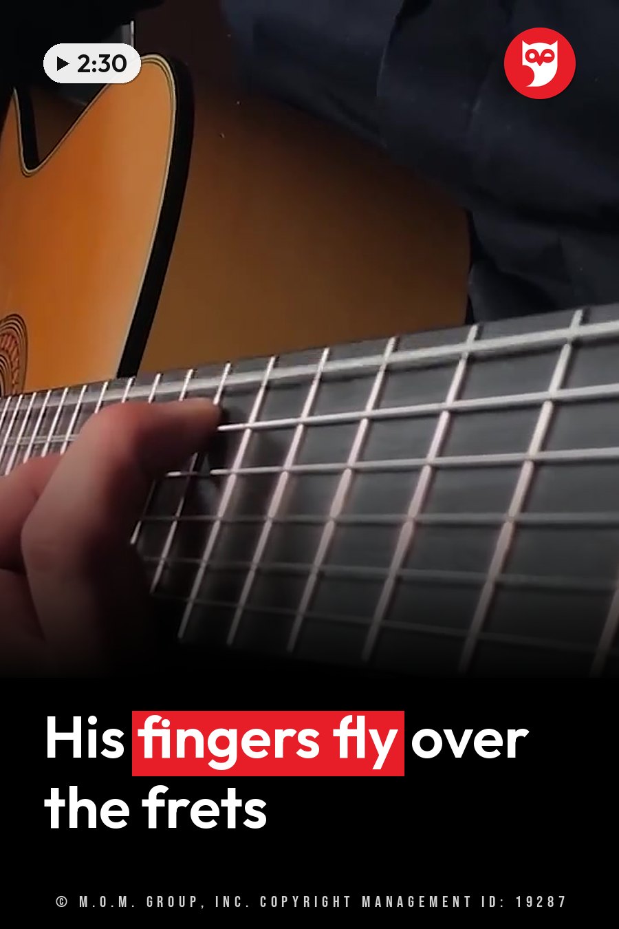 A hand presses down on the strings near the fretboard of a classical guitar. A headline runs in white letters across the lower third.