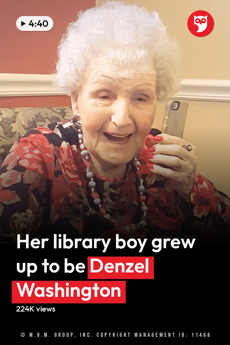 An older adult woman in a floral blouse with red flowers, sitting on an ornate chair indoors at a nursing home. A younger adult staff member is present nearby. The headline runs in white letters across the lower third.