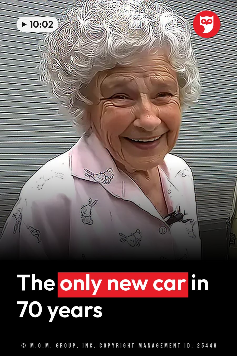 Mimi Carroll, with curly white hair and a pink patterned shirt, smiles in front of a metal shutter. A headline runs in white letters across the lower third.