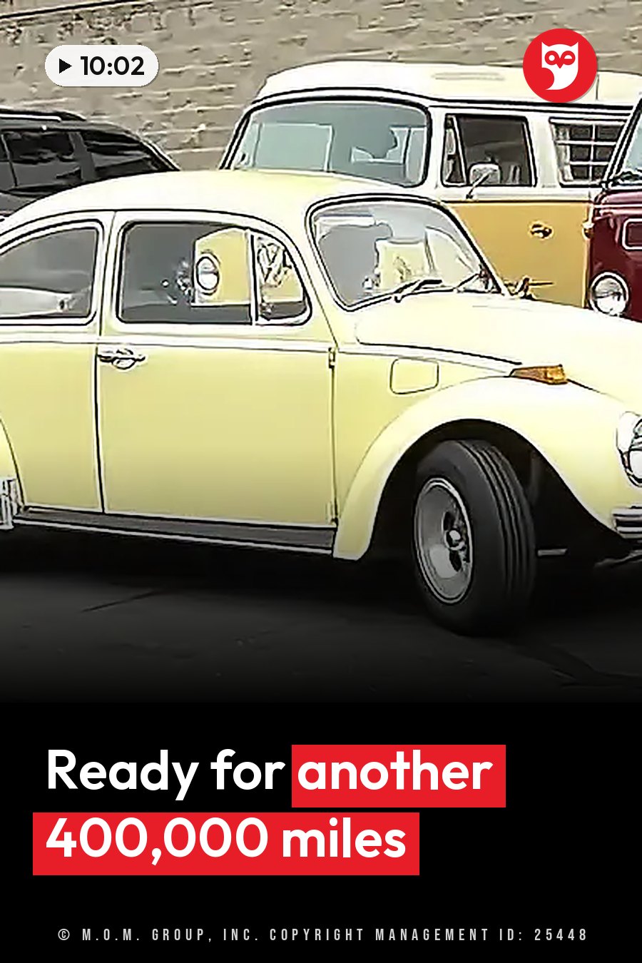A pale yellow vintage Volkswagen Beetle parked beside a two-tone van near a brick wall. A headline runs in white letters across the lower third.