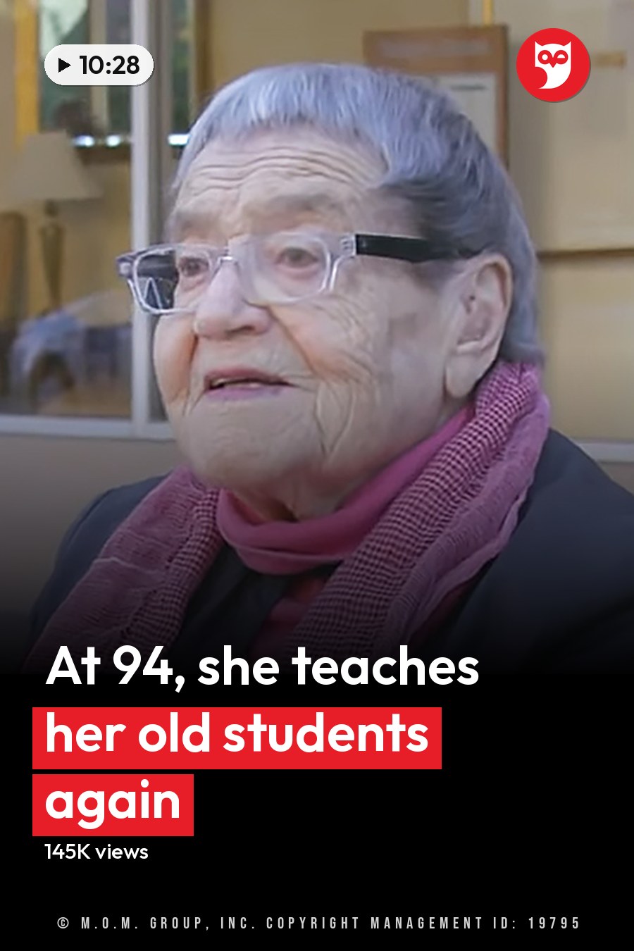 An older adult female in a wheelchair outside a building, wearing a pink sweater and glasses with a dark jacket layered under it. The headline runs in white letters across the lower third.