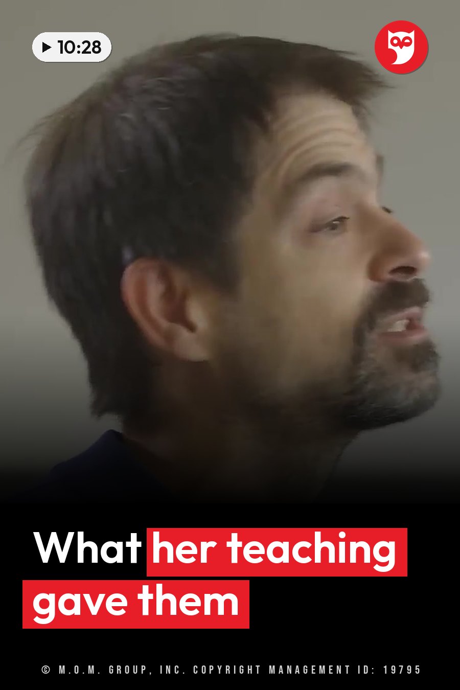 A man with dark hair and a beard looks up and to the side, his mouth slightly open. A headline runs in white letters across the lower third.