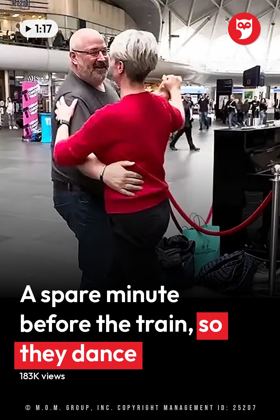A middle-aged couple dances in a public indoor space with shopping bags visible near a seated older adult pianist, surrounded by pillars and high ceilings. The headline runs in white letters across the lower third.