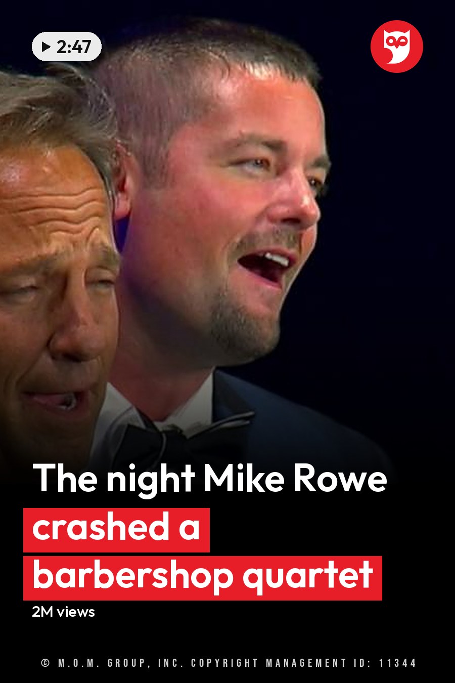 Three middle-aged men dressed formally in an indoor event setting; dark blue backdrop, artificial stage lighting. The headline runs in white letters across the lower third.