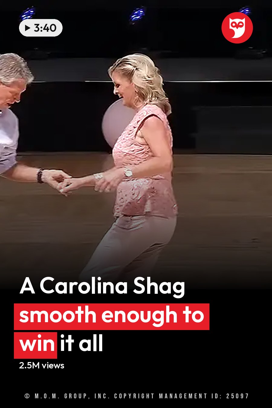 Middle-aged to older adult male and female dancing in an indoor dance studio or event space with soft overhead lighting. The headline runs in white letters across the lower third.