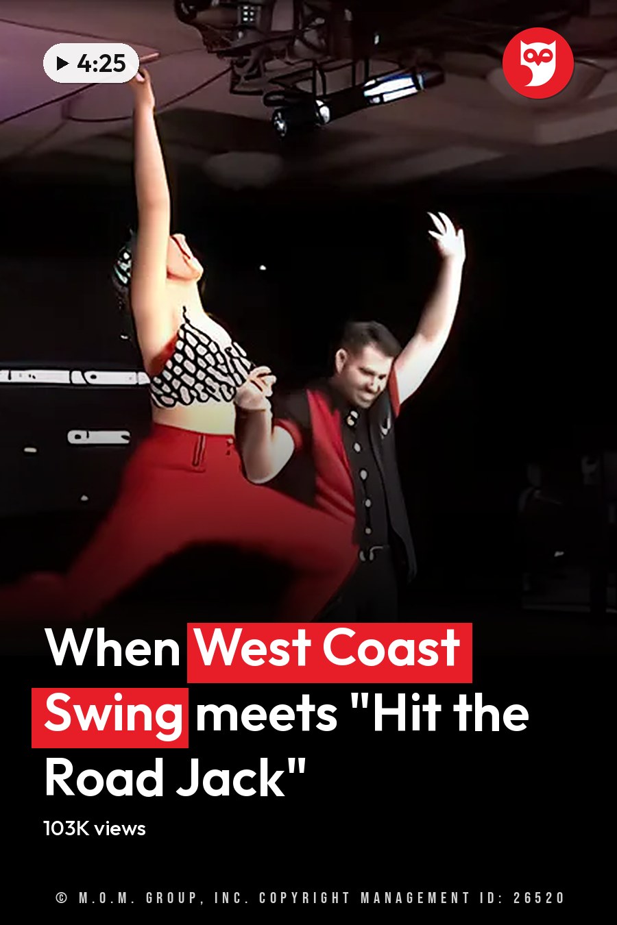 A dance couple performs at 'The Open Ballroom Dance Championship' in an indoor ballroom with wooden flooring and overhead lights, with international flags and spectators. The headline runs in white letters across the lower third.