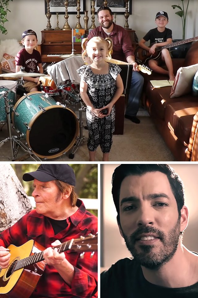 Collage of three video stills, one large above two small. Top: A cozy living room with a mix of vintage and modern decor elements, with children playing musical…