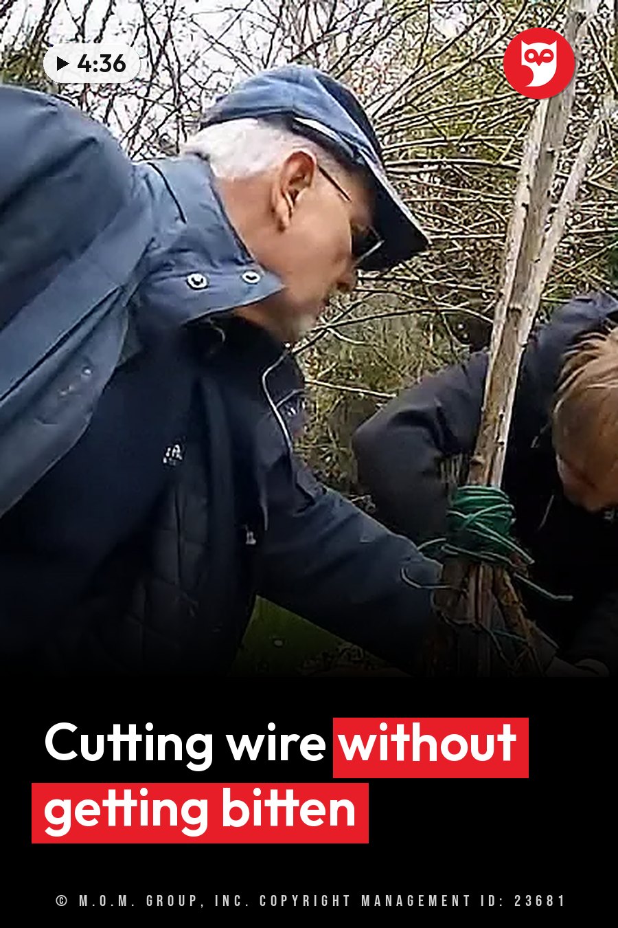 A man in a cap and jacket leans over, working on green rope tied around wooden sticks outdoors. A headline runs in white letters across the lower third.