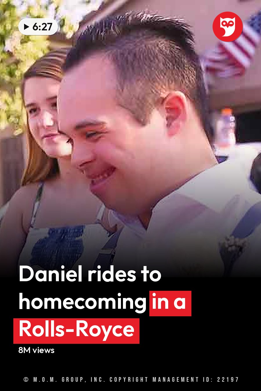 A young adult female news reporter in a black and white patterned dress interviews a young man wearing a white shirt with suspenders and a boutonniere, set against the backdrop of a suburban neighborhood with lush greenery and an American flag visible. The headline runs in white letters across the lower third.