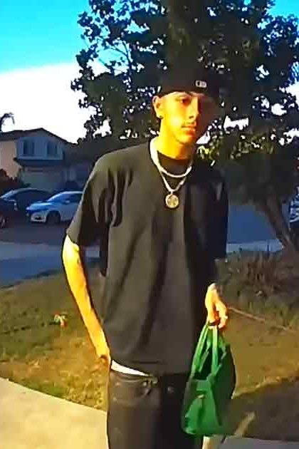 A young adult male in a residential neighborhood, wearing a black t-shirt with dark jeans and a silver chain necklace, holding a green plastic bag on the sidewalk.