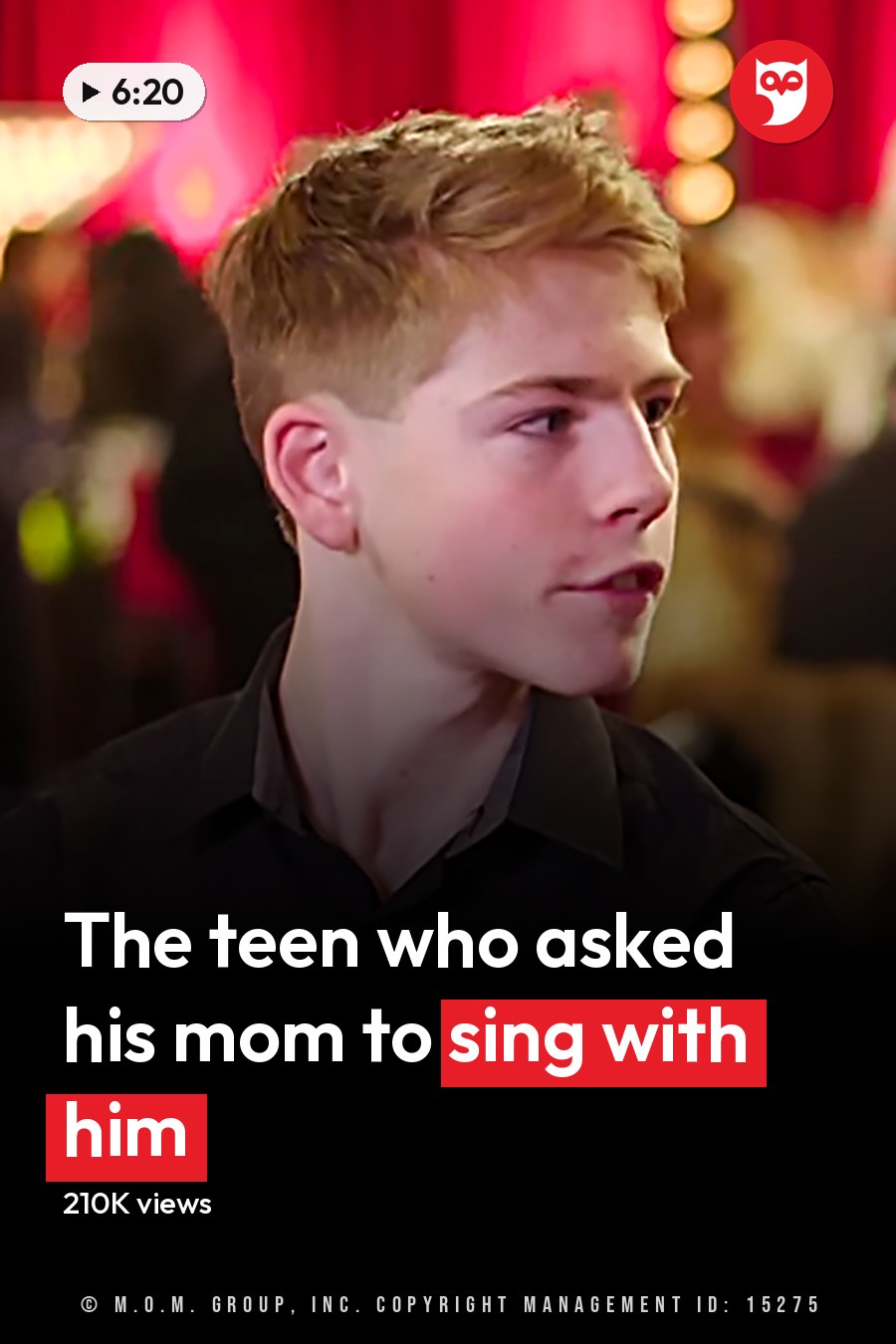 A young adult male and an adult female dressed formally, seated with a red chair behind them; stage lights and curtains suggest an awards ceremony setting. The headline runs in white letters across the lower third.