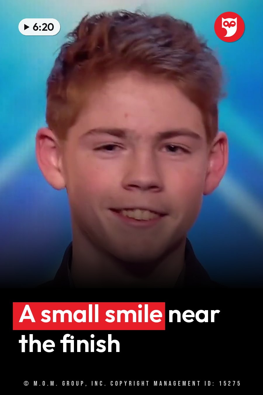 A young person with reddish hair smiles slightly while looking forward against a blue background. A headline runs in white letters across the lower third.
