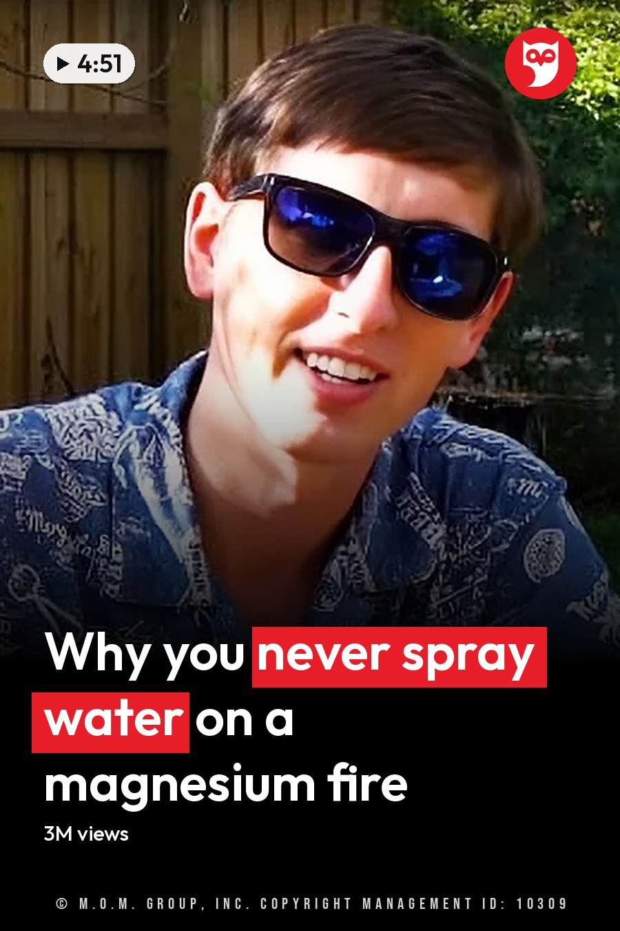 Young adult male wearing a relaxed fit blue Hawaiian shirt with white and yellow patterns, dark sunglasses in an outdoor backyard setting with greenery, wooden fence, and smoke from a fire pit. The headline runs in white letters across the lower third.