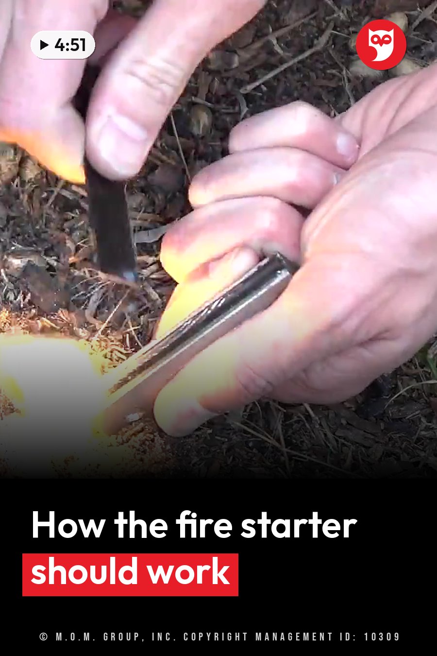 Hands strike flint against steel, sending sparks onto dirt ground. A headline runs in white letters across the lower third.