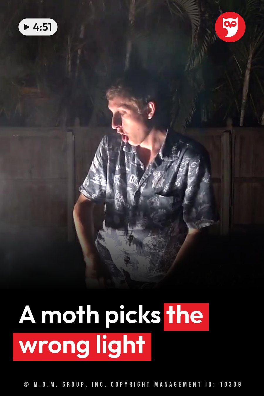 A man in a patterned shirt stands outdoors at night with his mouth open. A headline runs in white letters across the lower third.