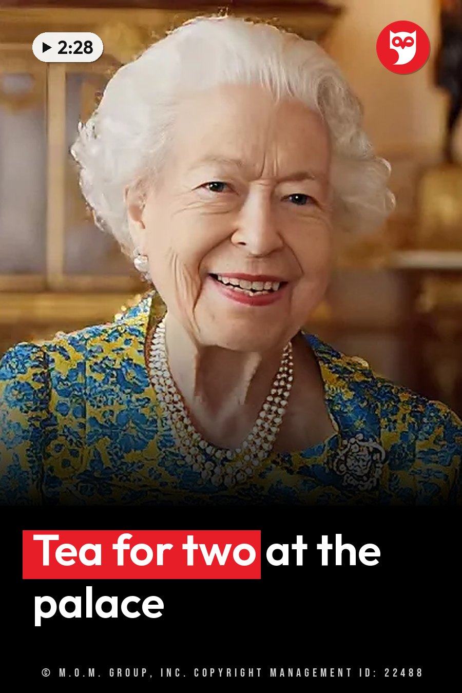 Queen Elizabeth II, with white hair, smiles in a colorful dress and a pearl necklace. A headline runs in white letters across the lower third.