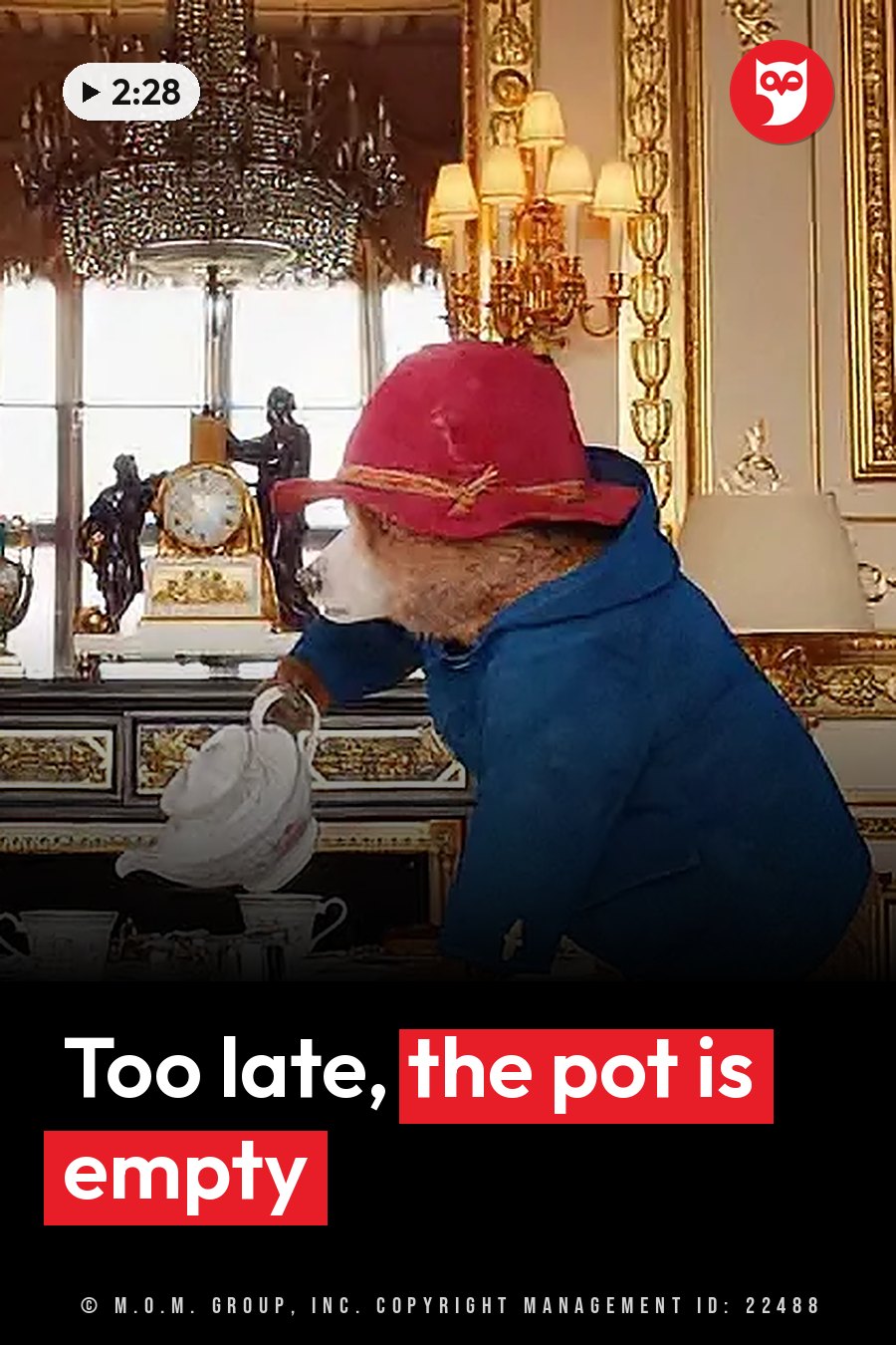 Paddington Bear, in a red hat and blue coat, pours from a white teapot into a cup. A headline runs in white letters across the lower third.