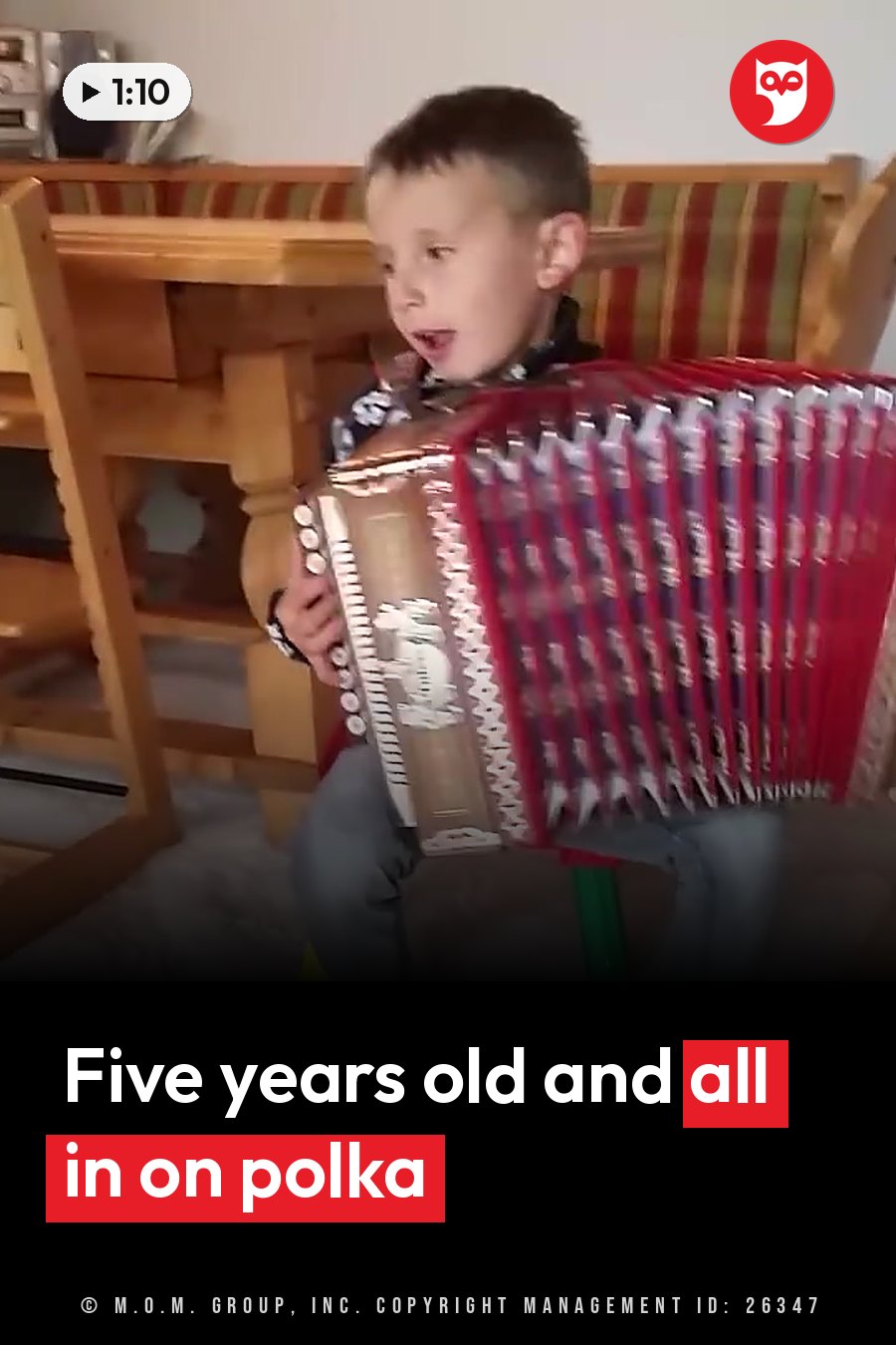 A young boy sits holding a red accordion, his mouth open as he plays. A headline runs in white letters across the lower third.