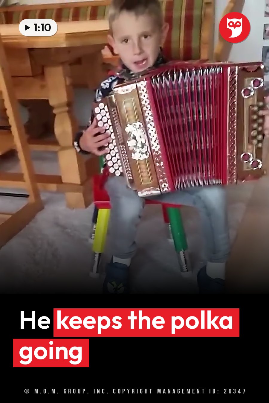 A young boy sits on a chair playing a red accordion with both hands. A headline runs in white letters across the lower third.