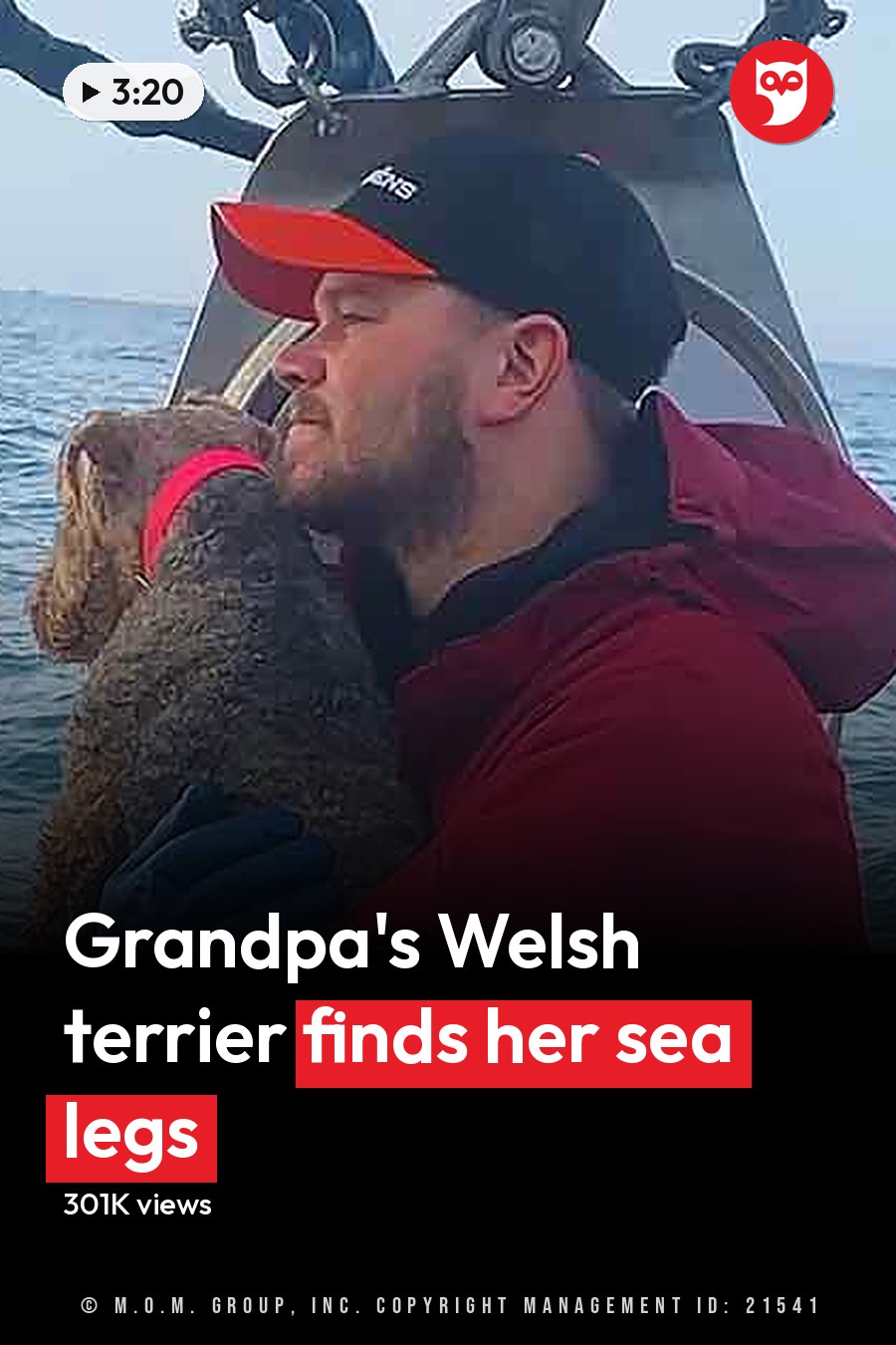 An adult male wearing a red jacket holds a small brown-and-white dog on a boat at sea during colder weather. The headline runs in white letters across the lower third.
