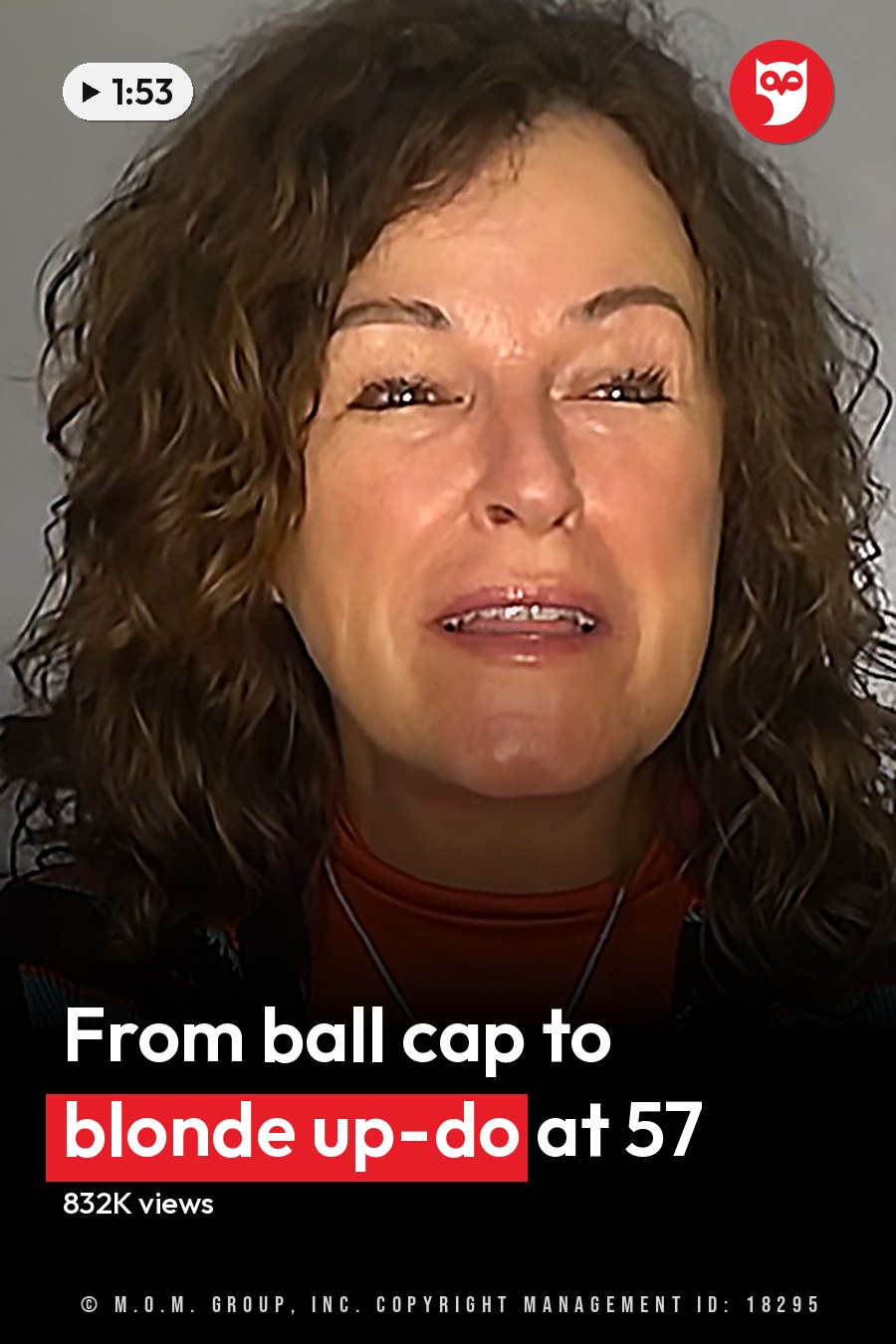 A middle-aged adult female wearing a relaxed fit, black sweater jacket with colorful striped pattern and high neckline indoors against a plain gray background. The headline runs in white letters across the lower third.
