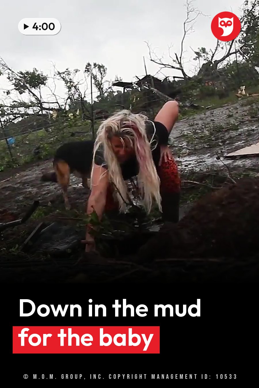 A woman with long blonde hair bends over muddy ground, reaching toward a small plant while a dog stands nearby. A headline runs in white letters across the lower third.