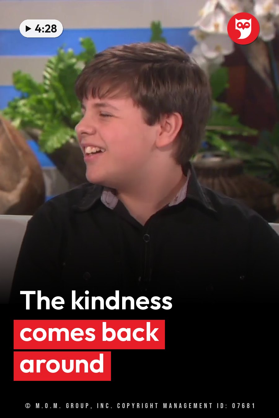 A young boy with short brown hair smiles while seated indoors near plants and flowers. A headline runs in white letters across the lower third.