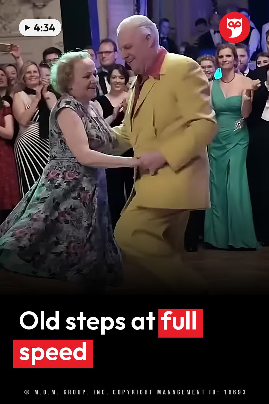 An older couple dances on a stage while an audience watches and claps. A headline runs in white letters across the lower third.