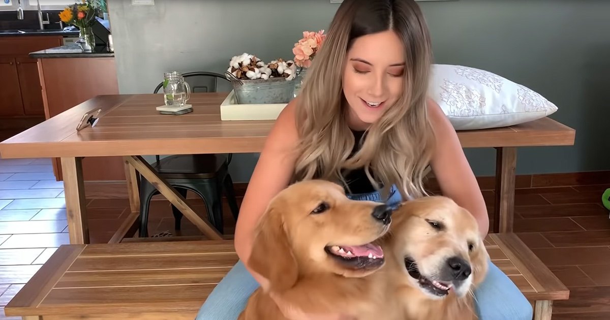 Young adult female wearing a sleeveless top and jeans, holding two golden retriever dogs indoors with wooden table and cushioned bench visible.